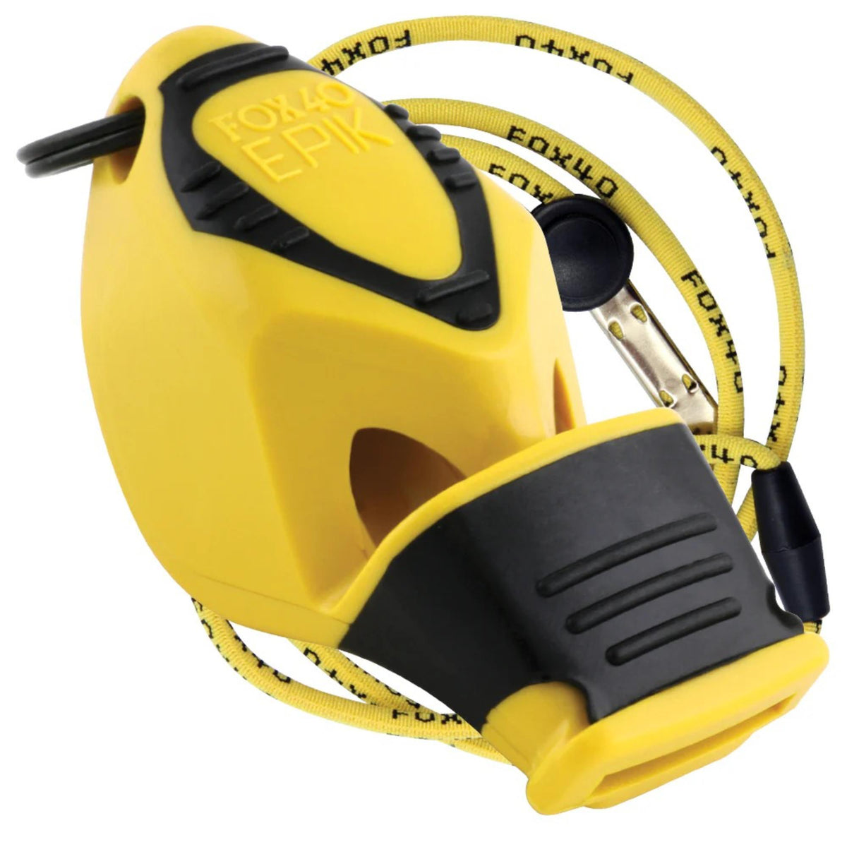 Handheld safety whistle with ergonomic grip, cushioned mouthpiece, and attached lanyard with breakaway clip for convenient wear and quick release.