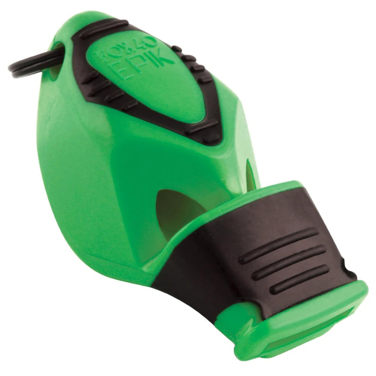 Handheld safety whistle with ergonomic grip, finger attachment loop, and cushioned mouthpiece designed for loud, reliable signaling.