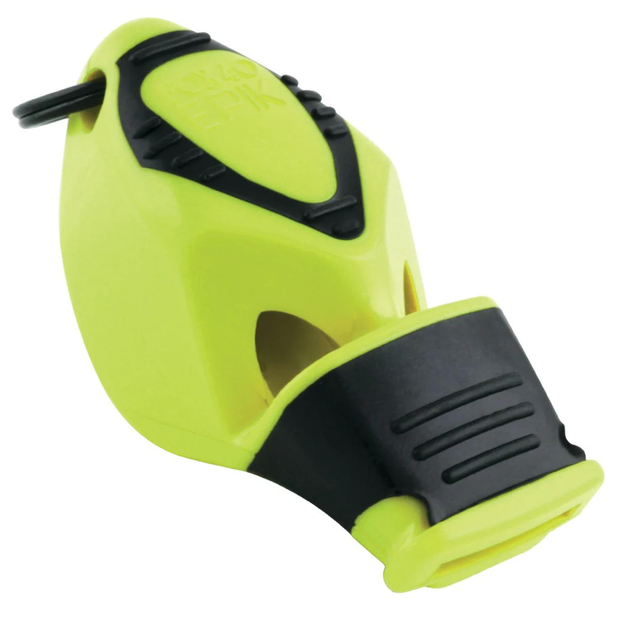 Handheld safety whistle with ergonomic grip, finger attachment loop, and cushioned mouthpiece designed for loud, reliable signaling.