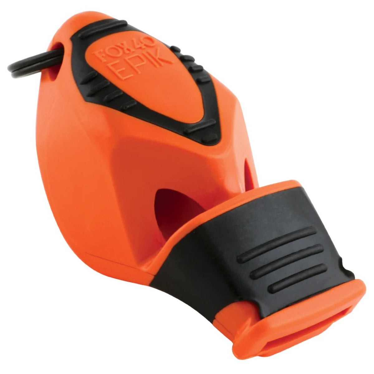 Handheld safety whistle with ergonomic grip, finger attachment loop, and cushioned mouthpiece designed for loud, reliable signaling.