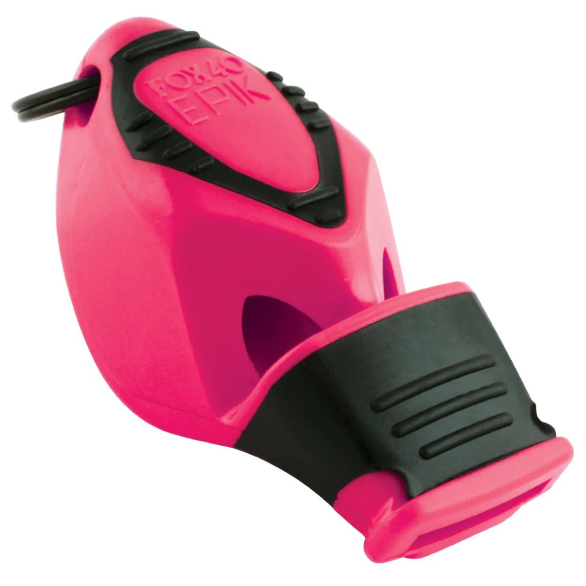 Handheld safety whistle with ergonomic grip, finger attachment loop, and cushioned mouthpiece designed for loud, reliable signaling.