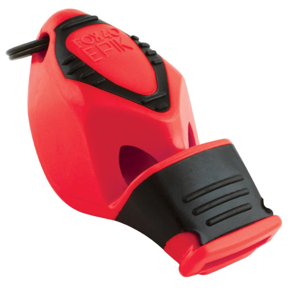 Handheld safety whistle with ergonomic grip, finger attachment loop, and cushioned mouthpiece designed for loud, reliable signaling.