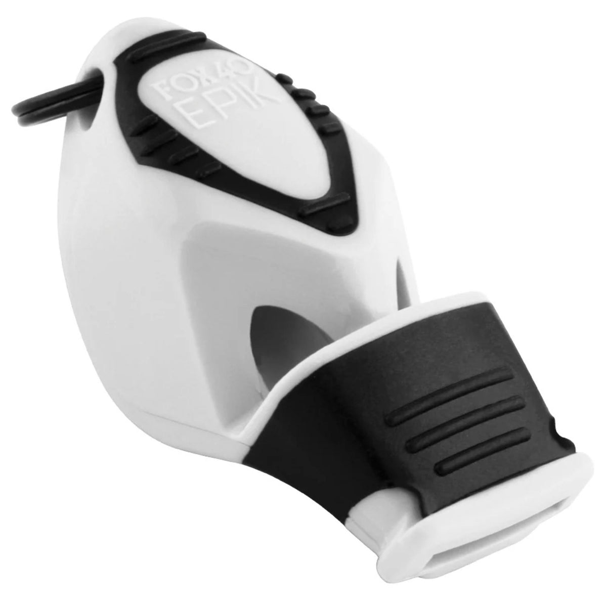 Handheld safety whistle with ergonomic grip, finger attachment loop, and cushioned mouthpiece designed for loud, reliable signaling.