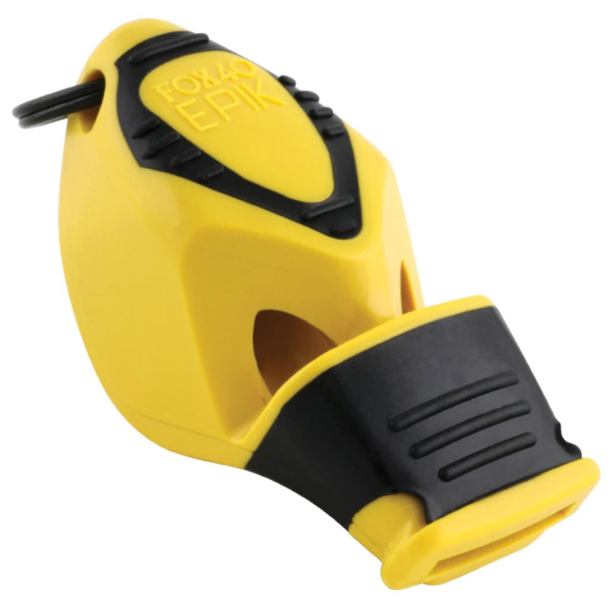 Handheld safety whistle with ergonomic grip, finger attachment loop, and cushioned mouthpiece designed for loud, reliable signaling.