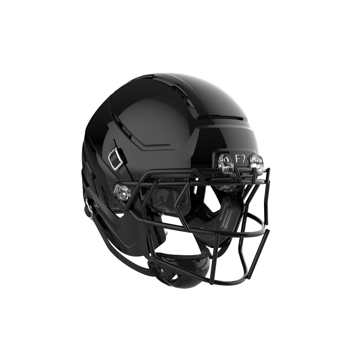 SCHUTT F7 AiR football helmet in gloss black with black facemask and black interior padding, displayed on a black background.