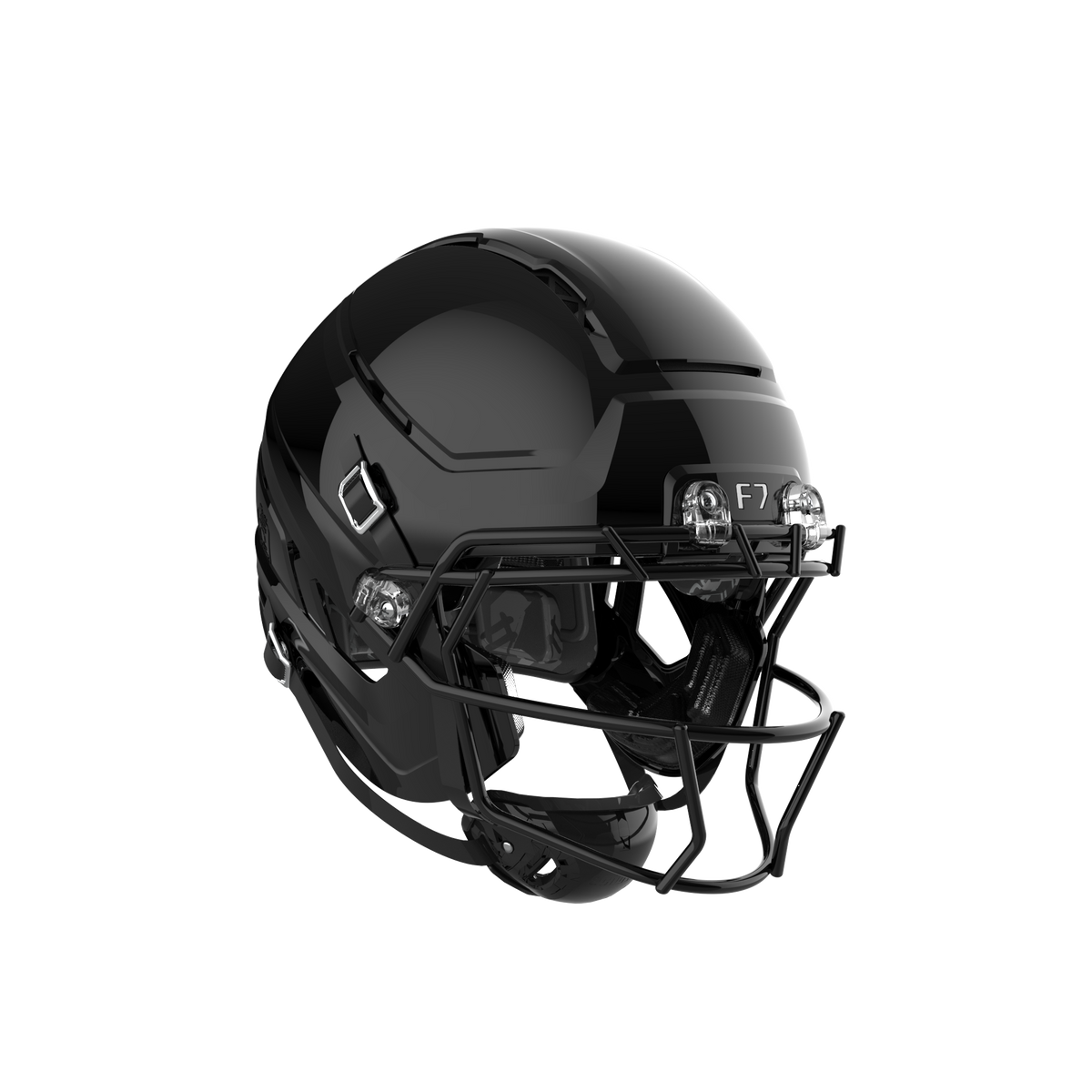 SCHUTT F7 AiR football helmet in gloss black with black facemask and black interior padding, displayed on a black background.