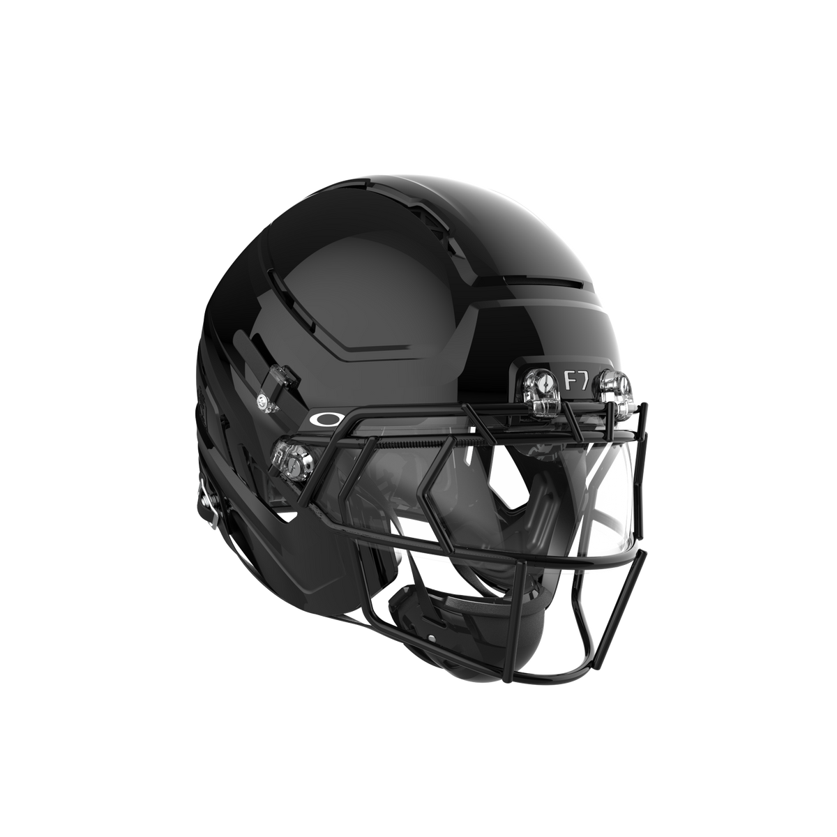 SCHUTT F7 AiR Elite football helmet in gloss black with black facemask and clear visor, featuring black interior padding, displayed on a white background.
