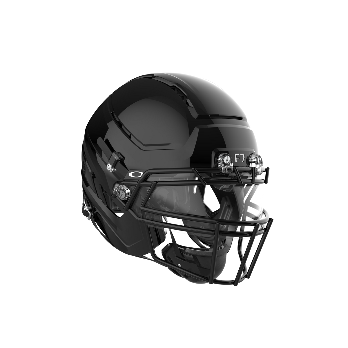 SCHUTT F7 AiR Elite football helmet in gloss black with black facemask and clear visor, featuring black interior padding, displayed on a white background.