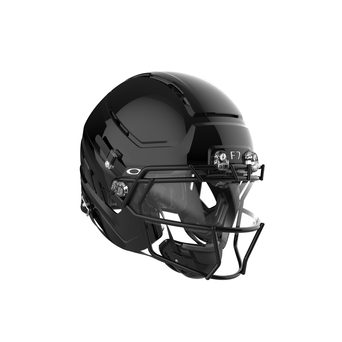 SCHUTT F7 AiR Elite football helmet in gloss black with black facemask and clear visor, featuring black interior padding, displayed on a white background.