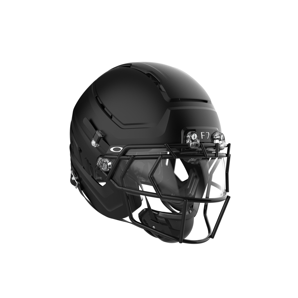 SCHUTT F7 AiR Elite football helmet in gloss black with black facemask and clear visor, featuring black interior padding, displayed on a white background.