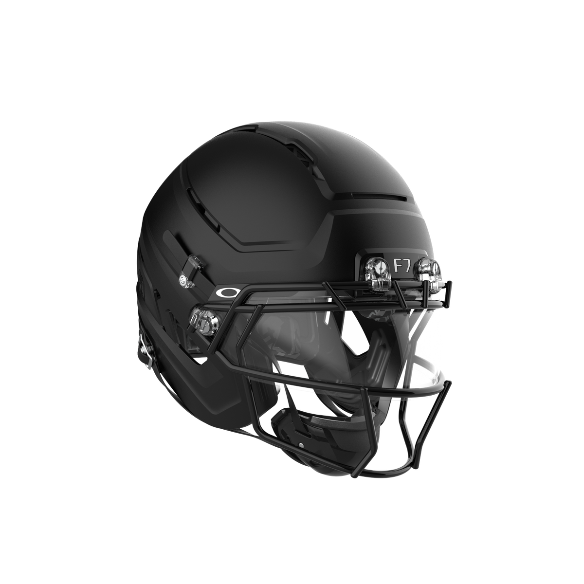 SCHUTT F7 AiR Elite football helmet in gloss black with black facemask and clear visor, featuring black interior padding, displayed on a white background.