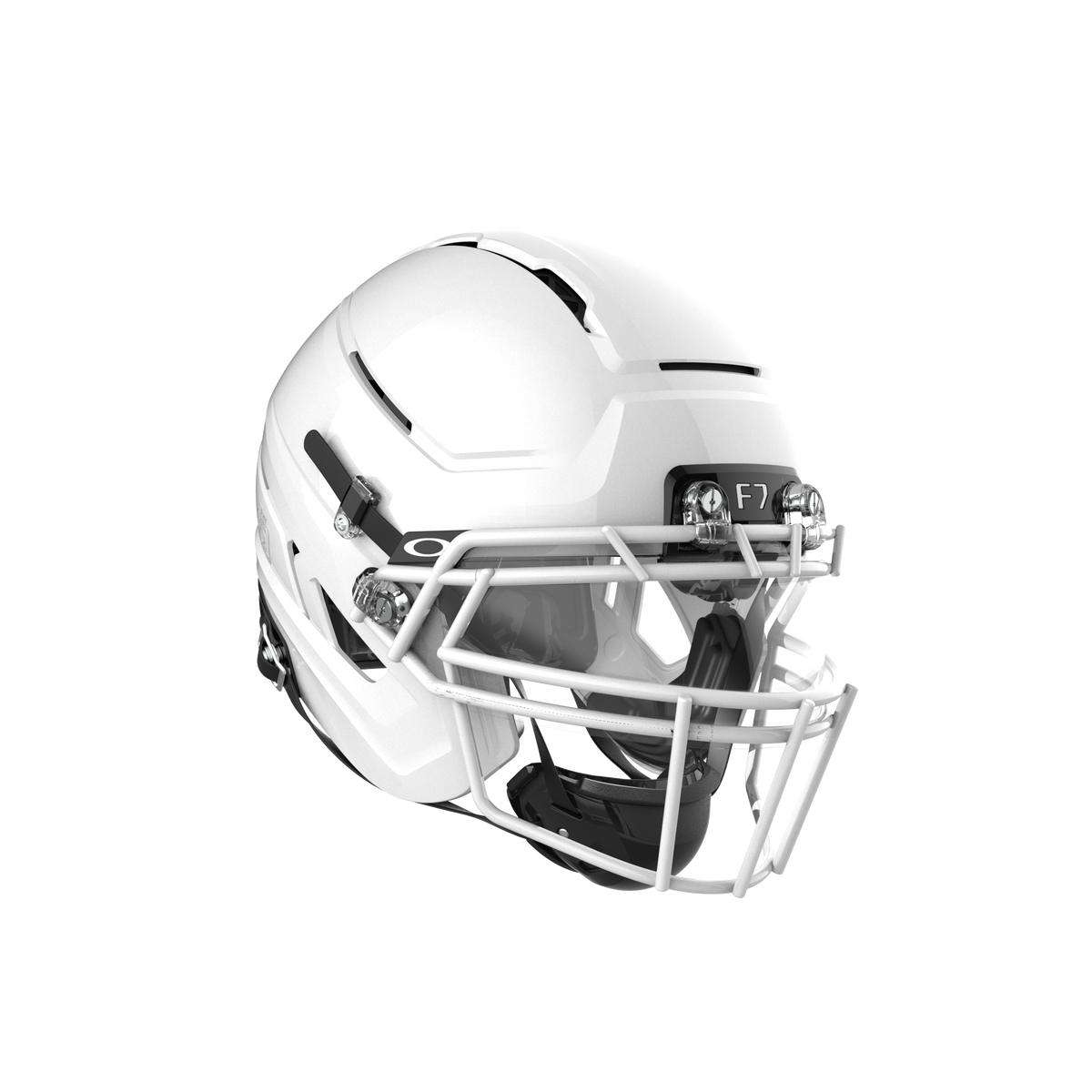 SCHUTT F7 AiR Elite football helmet in gloss white with white facemask and clear visor, featuring black interior padding, displayed on a white background.