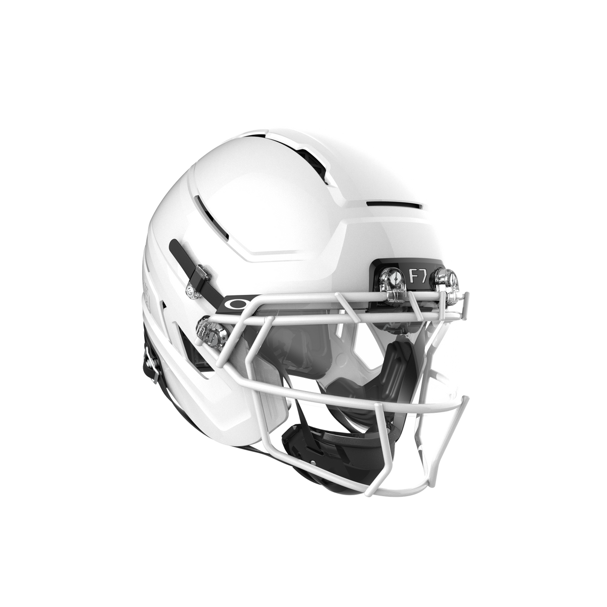 SCHUTT F7 AiR Elite football helmet in gloss white with white facemask and clear visor, featuring black interior padding, displayed on a white background.