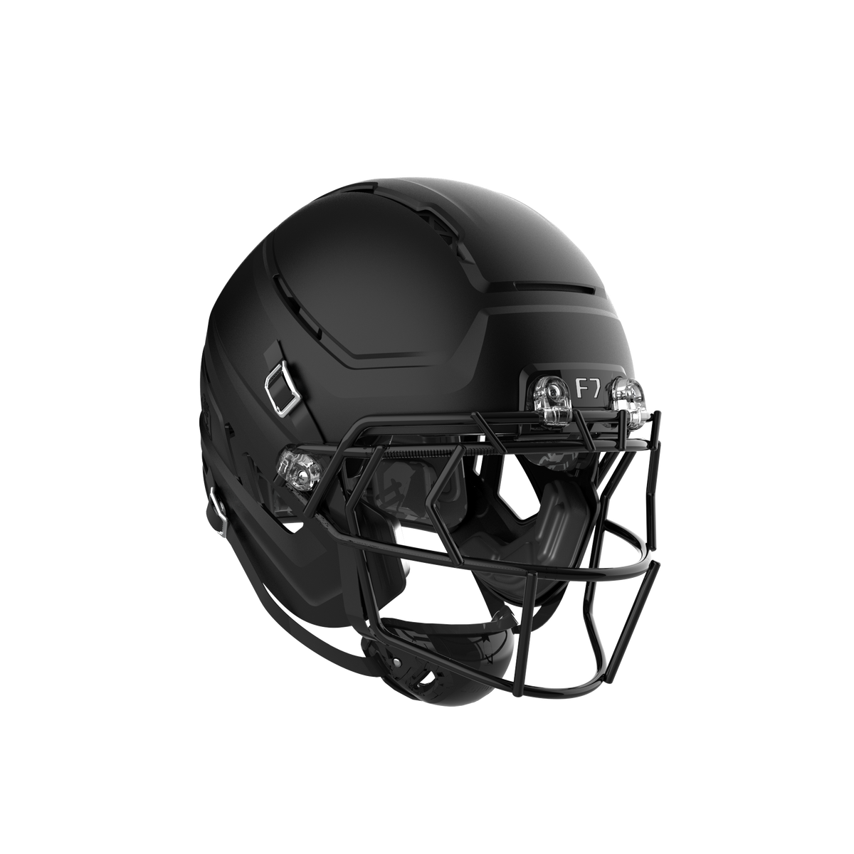 SCHUTT F7 AiR football helmet in matte black with black facemask and black interior padding, displayed on a black background.