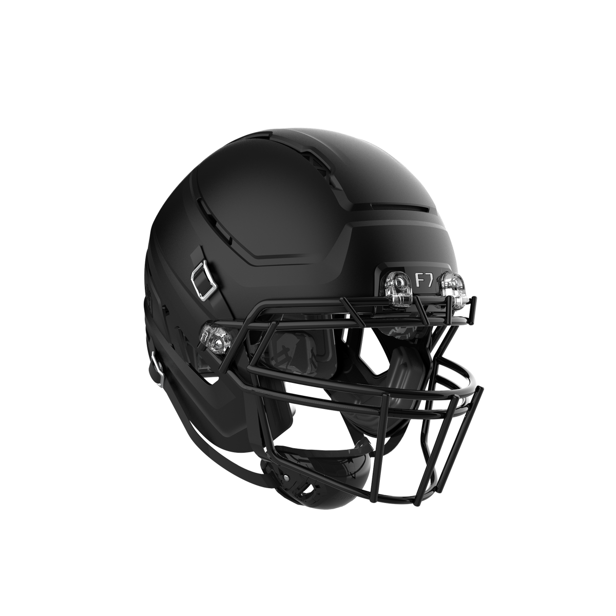 SCHUTT F7 AiR football helmet in matte black with black facemask and black interior padding, displayed on a black background.