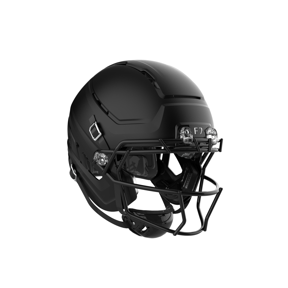 SCHUTT F7 AiR football helmet in matte black with black facemask and black interior padding, displayed on a black background.