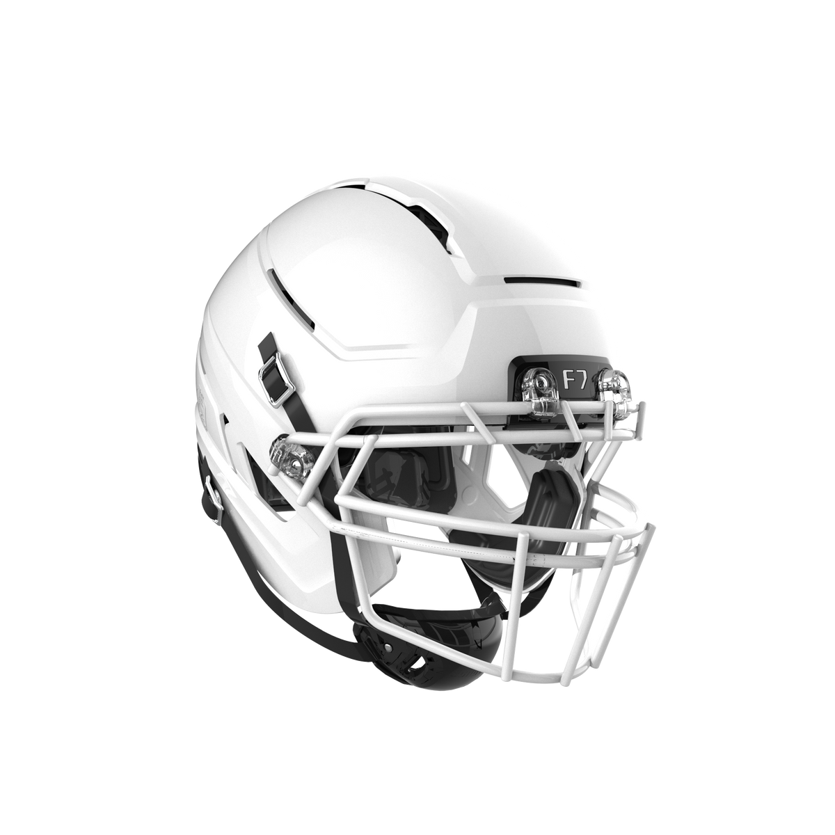 SCHUTT F7 AiR football helmet in gloss white with white facemask and black interior padding, displayed on a black background.