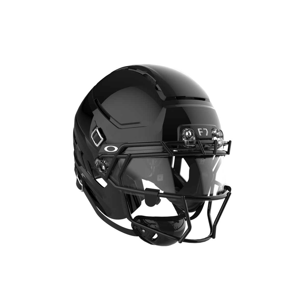 SCHUTT F7 AiR Youth Elite football helmet in gloss black with black facemask, clear visor, and black interior padding, displayed on a black background.