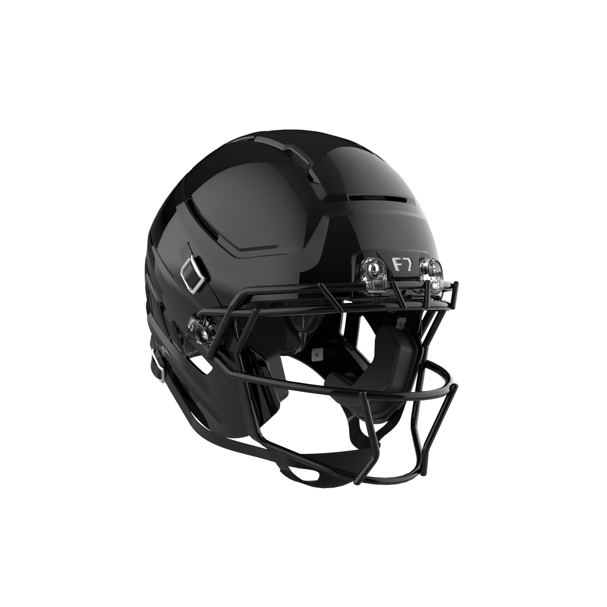 SCHUTT F7 AiR Youth football helmet in gloss black with black facemask and black interior padding, displayed on a black background.