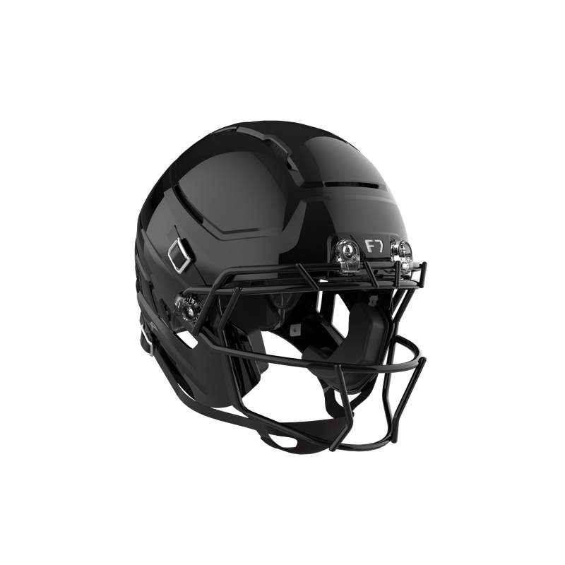 SCHUTT F7 AiR Youth football helmet in gloss black with black facemask and black interior padding, displayed on a black background.