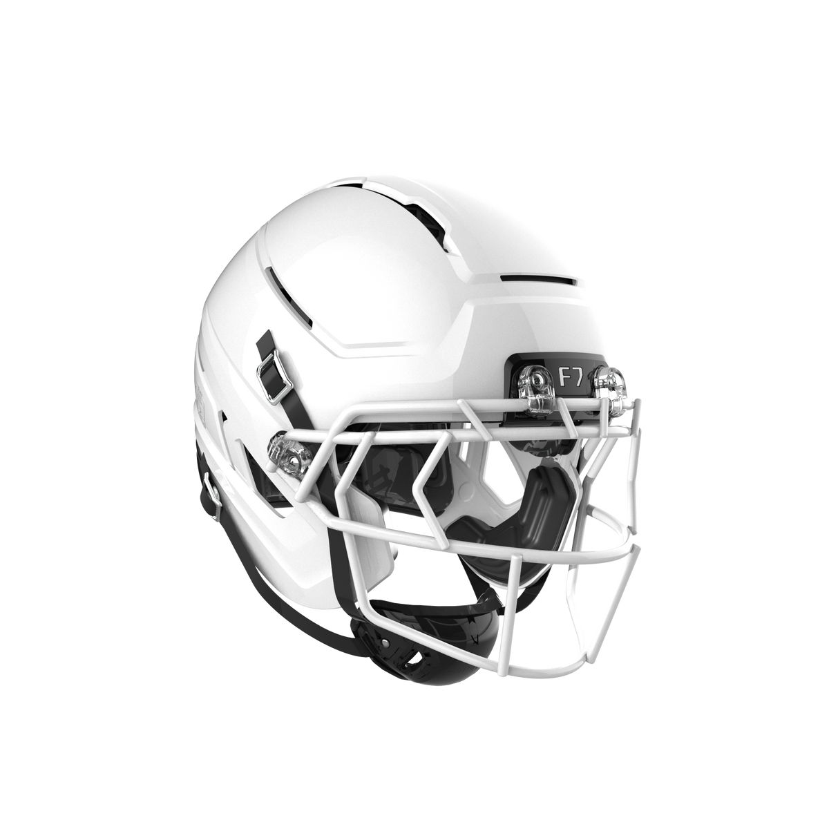 SCHUTT F7 AiR football helmet in gloss white with white facemask and black interior padding, displayed on a black background.