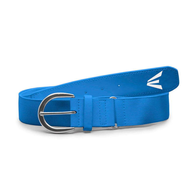Easton girls’ fastpitch softball belt in blue with adjustable elastic strap and durable silver metal buckle.