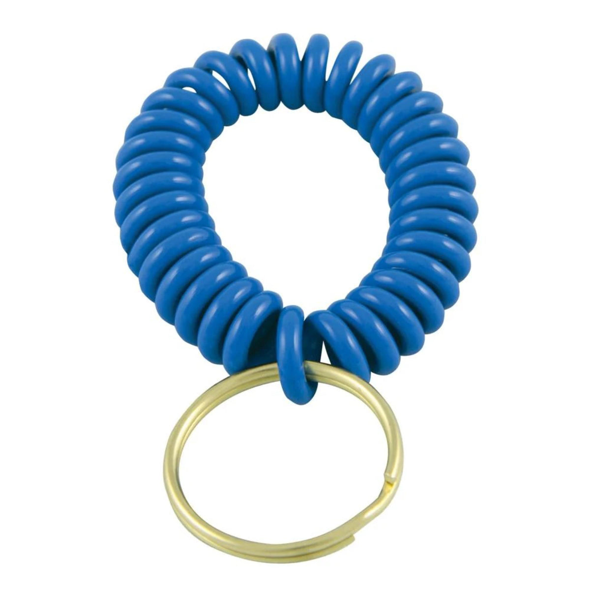 Coiled wrist lanyard with stretchable design and attached key ring for securing small items like whistles or keys.