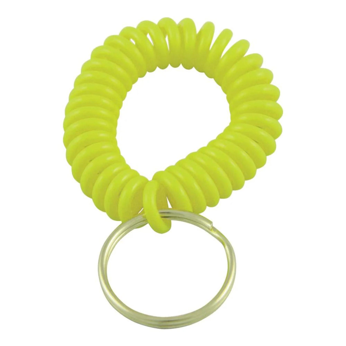 Coiled wrist lanyard with stretchable design and attached key ring for securing small items like whistles or keys.