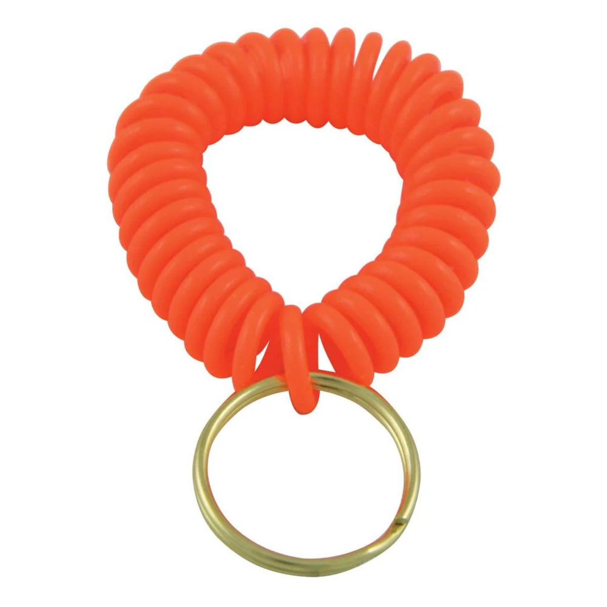 Coiled wrist lanyard with stretchable design and attached key ring for securing small items like whistles or keys.