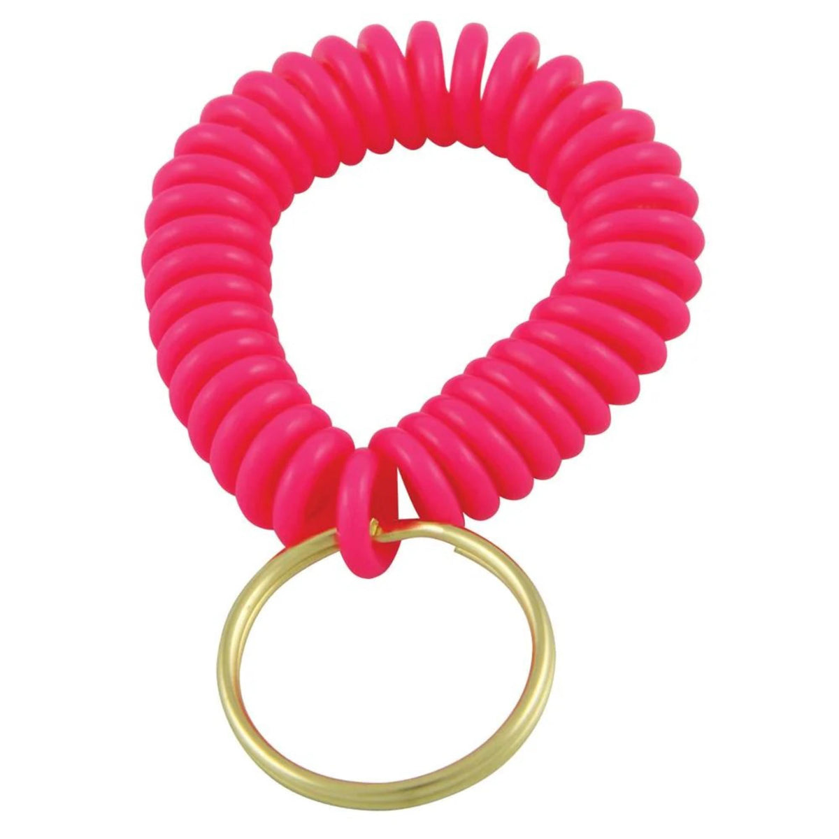 Coiled wrist lanyard with stretchable design and attached key ring for securing small items like whistles or keys.
