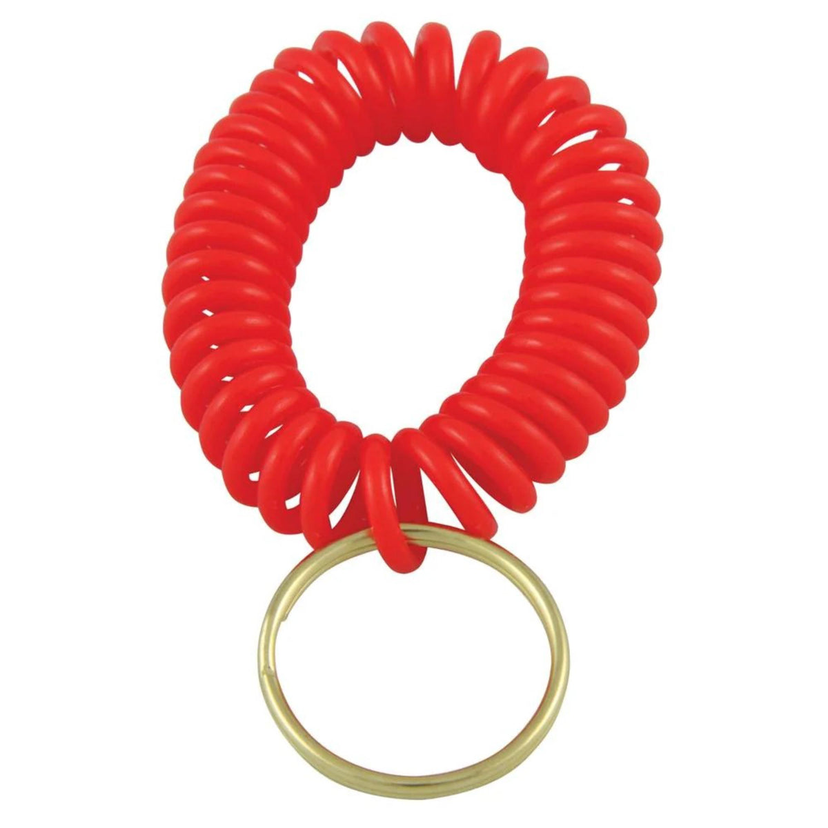 Coiled wrist lanyard with stretchable design and attached key ring for securing small items like whistles or keys.