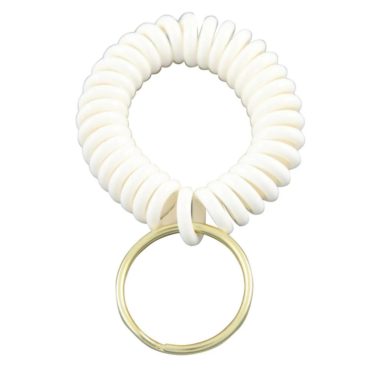 Coiled wrist lanyard with stretchable design and attached key ring for securing small items like whistles or keys.