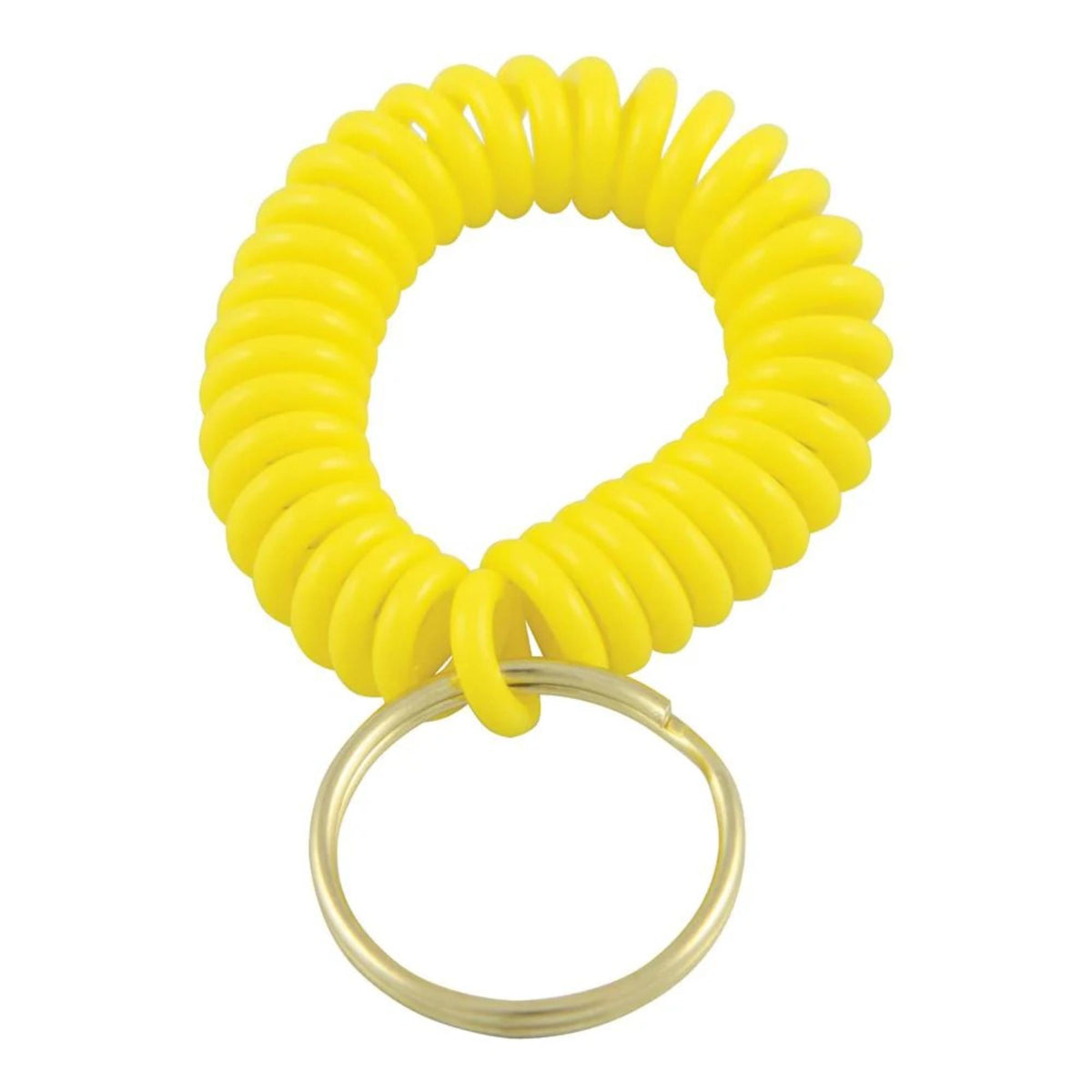 Coiled wrist lanyard with stretchable design and attached key ring for securing small items like whistles or keys.