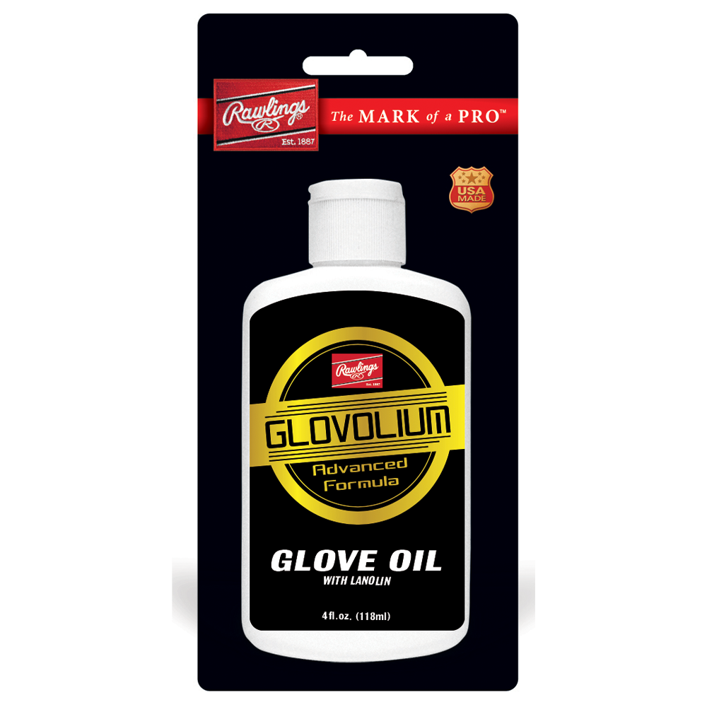 Rawlings Glovolium Advanced Formula glove oil with lanolin in a 4 oz bottle, packaged in a retail blister pack and designed to condition, soften, and help break in baseball and softball leather gloves. ⚾