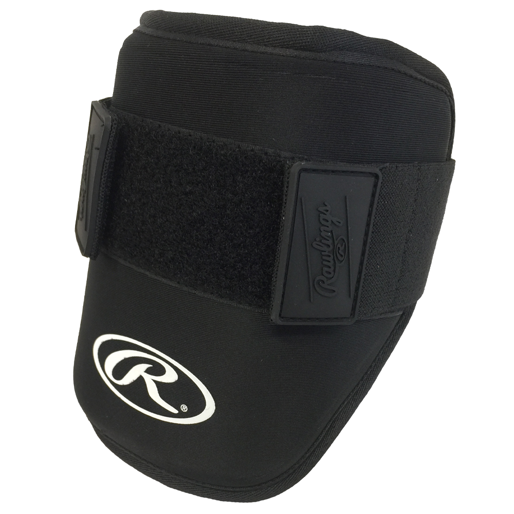Rawlings black elbow guard with adjustable strap and molded protective padding featuring the white Rawlings logo on the front.