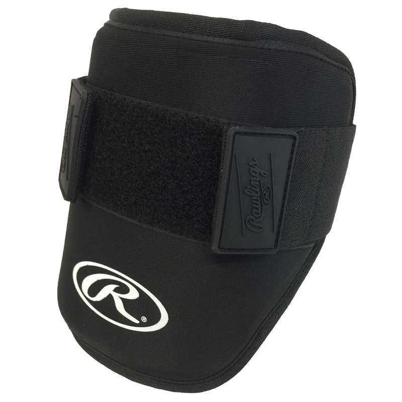 Rawlings black elbow guard with adjustable strap and molded protective padding featuring the white Rawlings logo on the front.