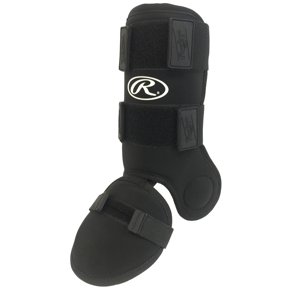 Black Rawlings baseball leg guard with adjustable straps and padded protection, designed to shield the shin and ankle from foul balls and impacts during play. ⚾
