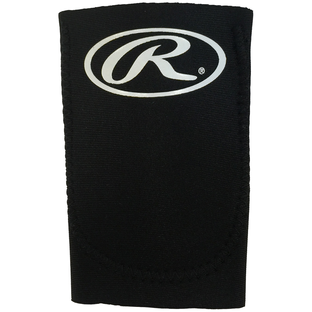 Rawlings black wrist guard with elastic compression sleeve design and white Rawlings “R” logo on the front for baseball and softball protection. ⚾