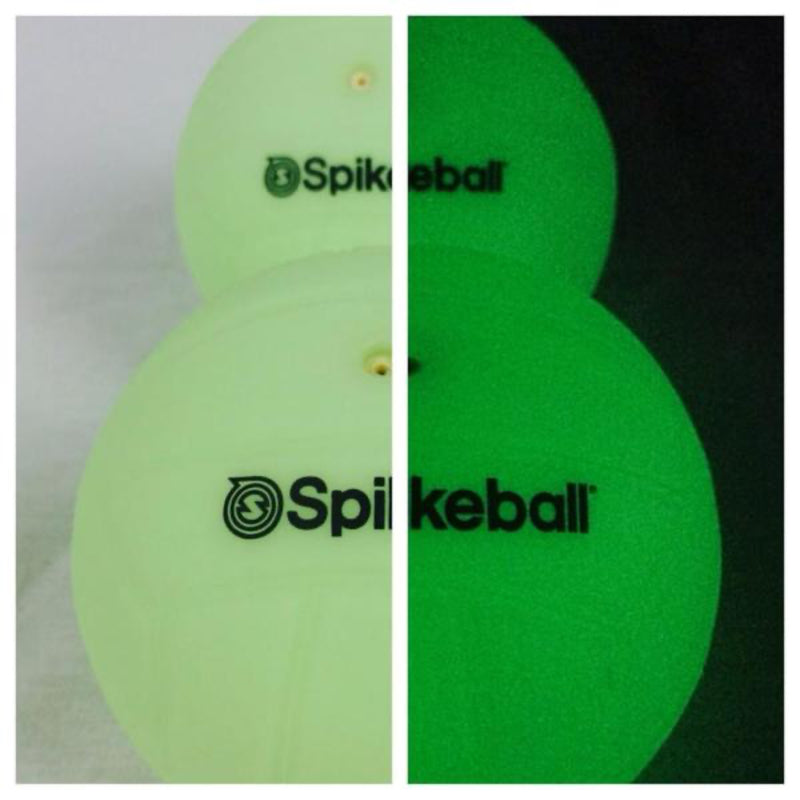 Two green Spikeball balls, one on a light gray background and one on a black background.