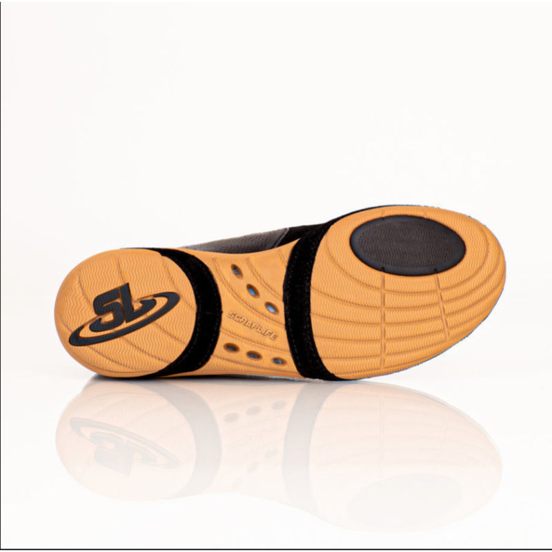 Gold and black sock with brand logo on a white background