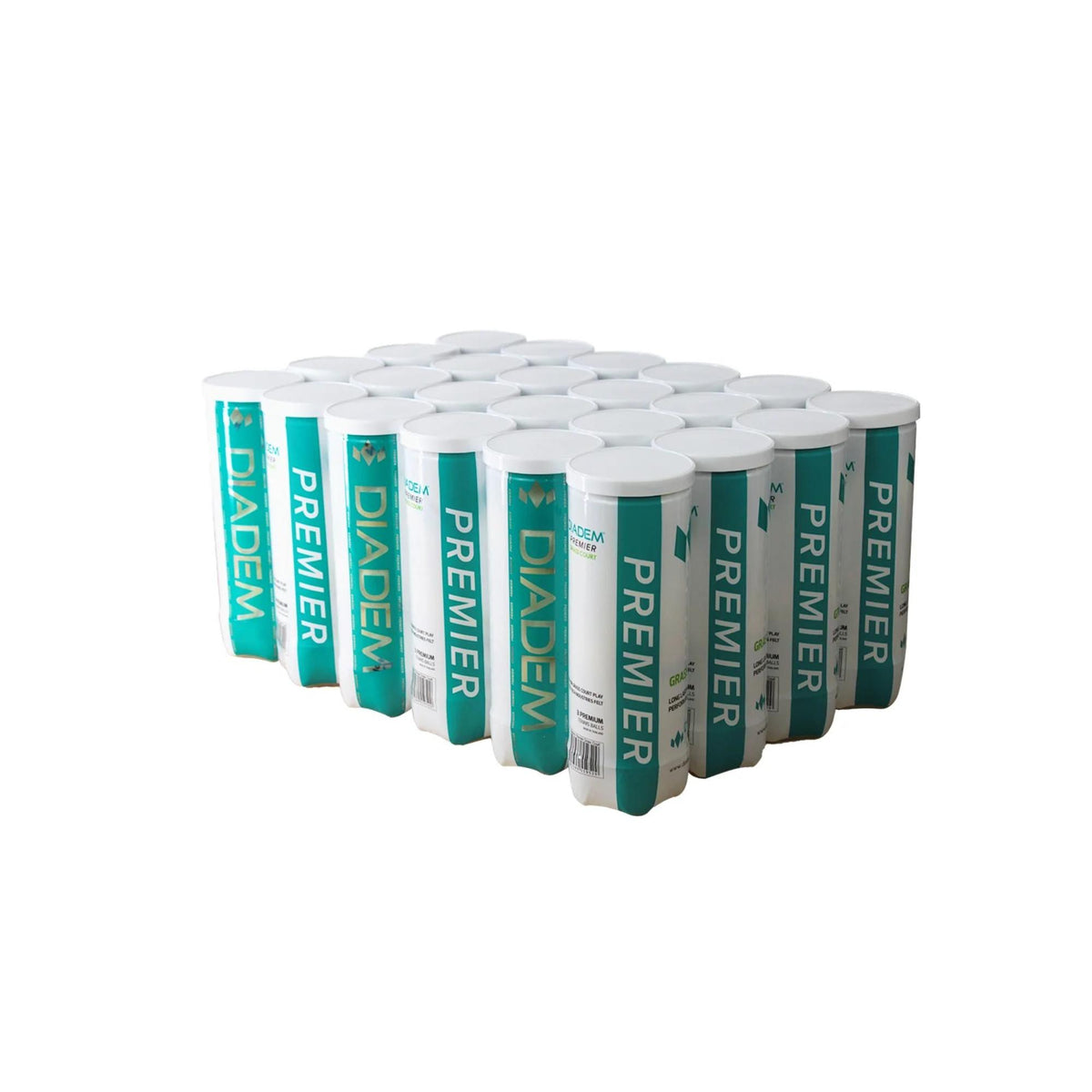 Case of Diadem Premier grass court tennis balls in multiple cans arranged together for bulk purchase.