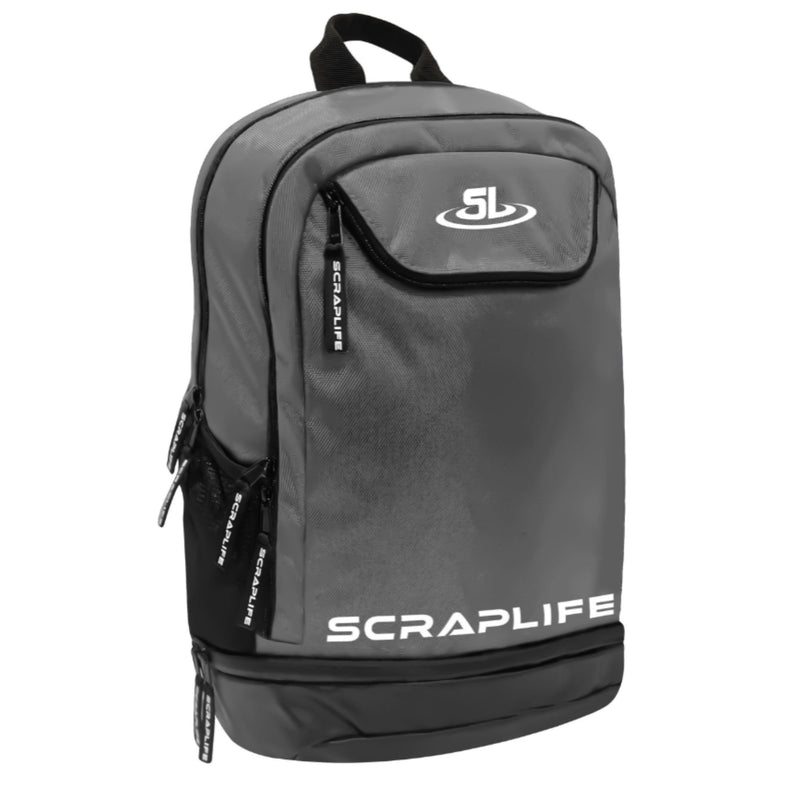 Gray backpack with 'Scraplife' branding on a white background
