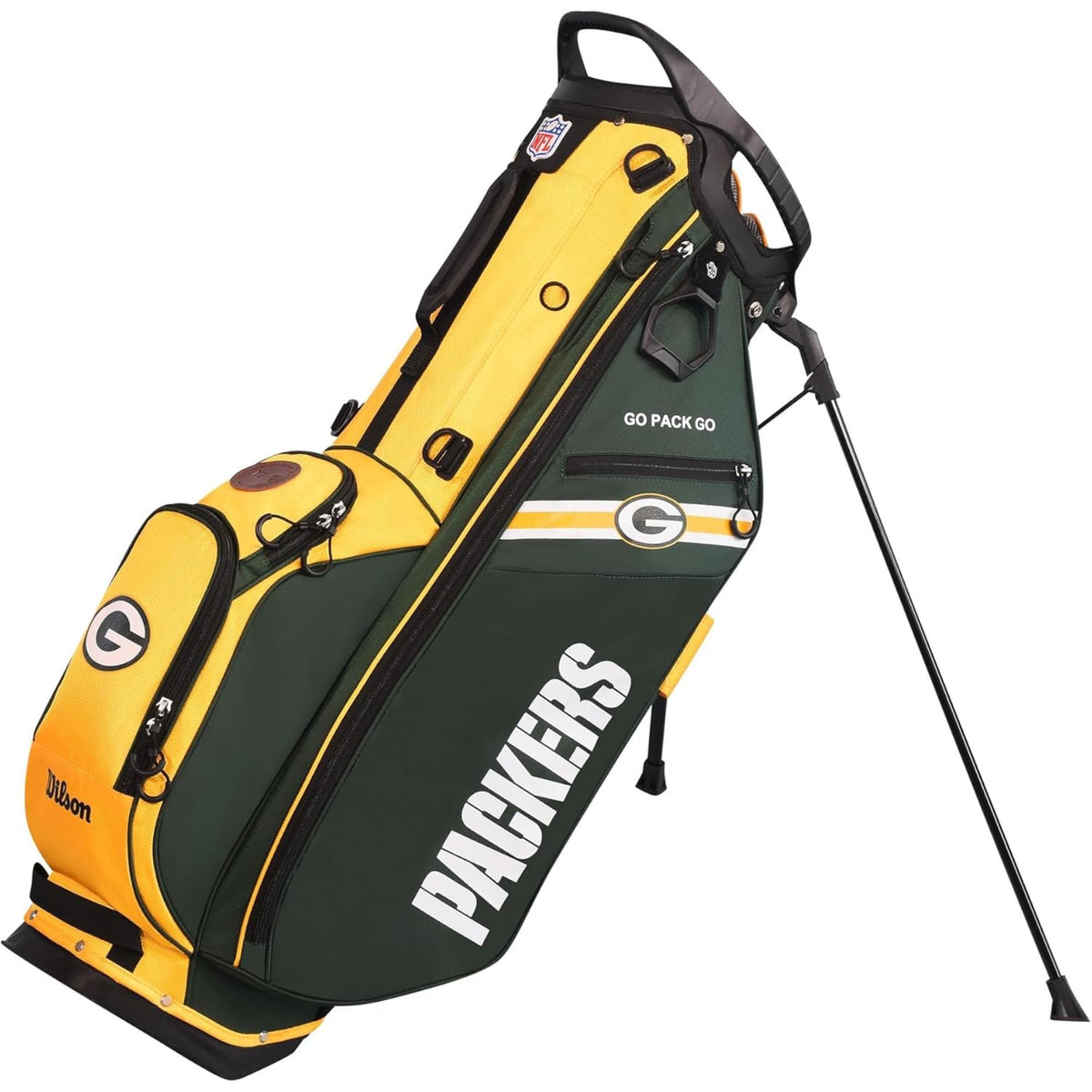 Wilson Golf NFL carry bag featuring team colors, logos, and a lightweight stand design for easy carrying on the course.