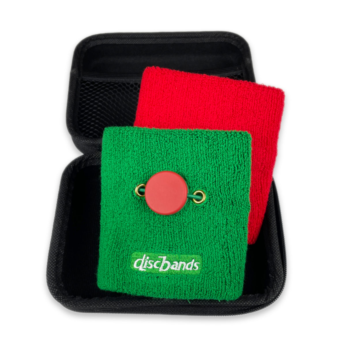 Green and red disc band with black case on a white background