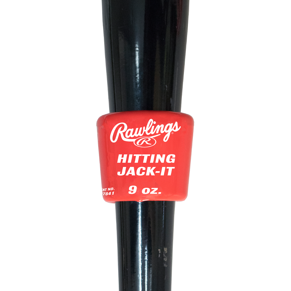 Rawlings Hitting Jack-It bat weight in red (9 oz) attached to a baseball bat, designed to add resistance during warm-ups to help build swing strength and improve hitting power. ⚾