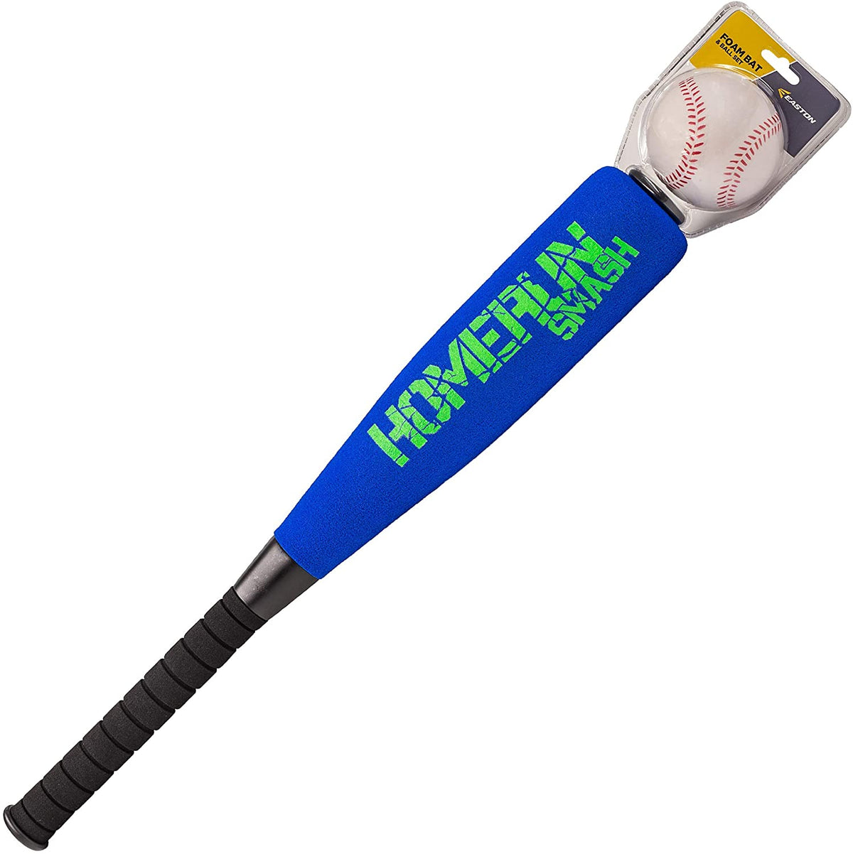 Easton Homerun Smash foam baseball bat with blue barrel, black grip handle, and foam practice baseball included.