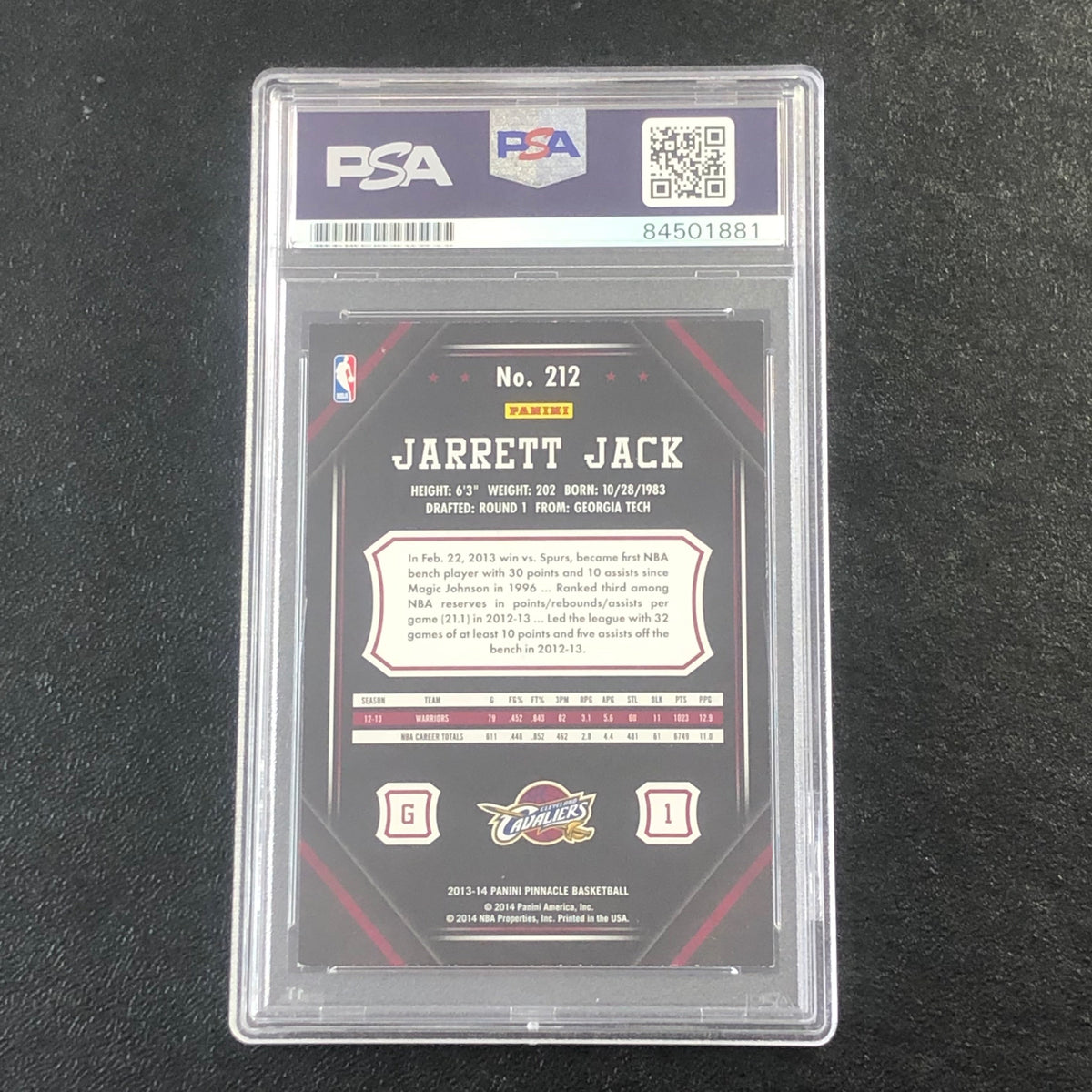 Back of Jarrett Jack Pinnacle #212 card in PSA/DNA holder
