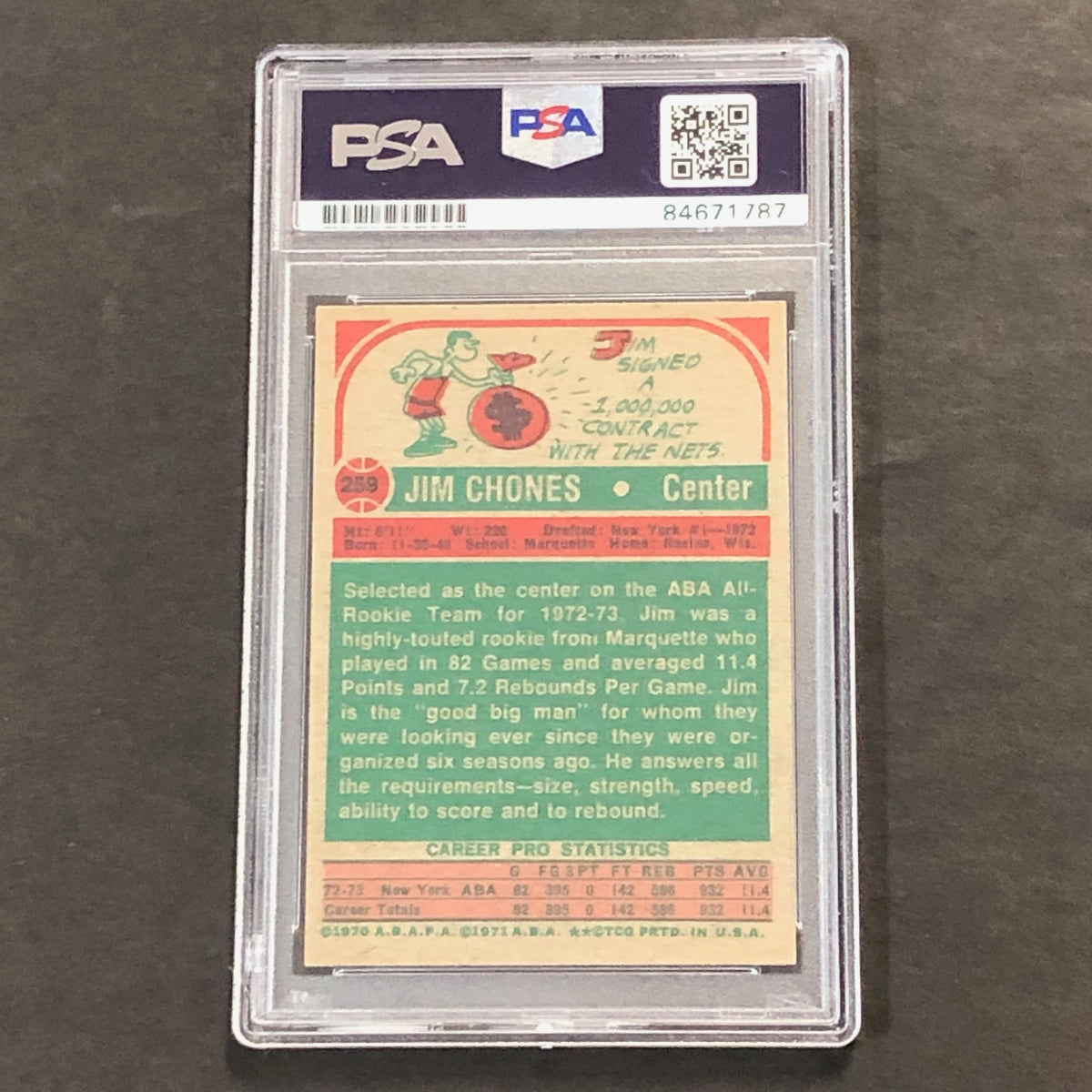 Back of Jim Chones Topps #259 card in PSA/DNA holder