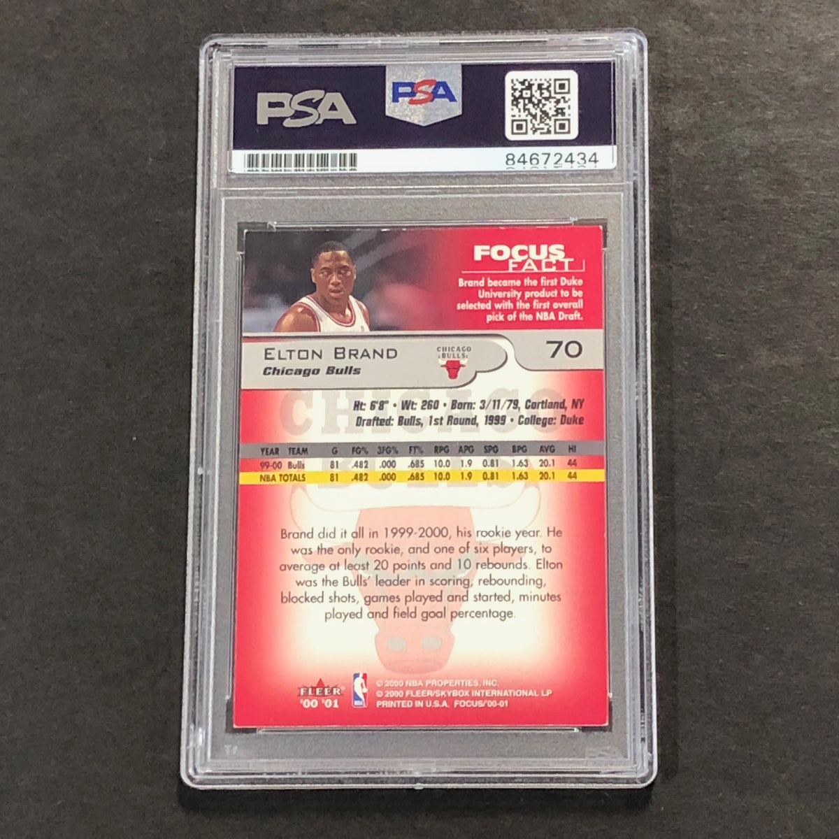 Back of Elton Brand Fleer Focus #70 card in PSA/DNA holder