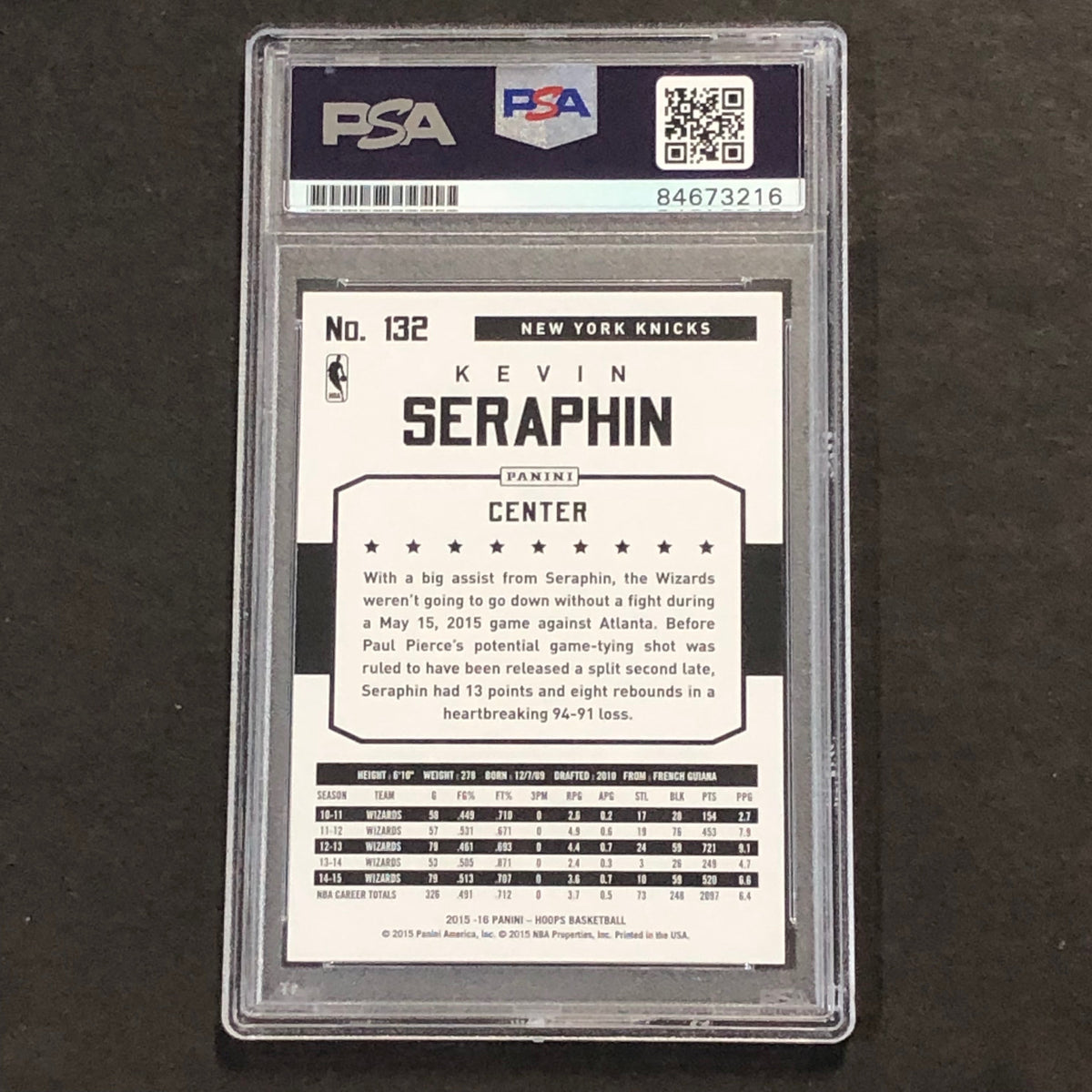 Back of Kevin Seraphin NBA Hoops #132 card in PSA/DNA holder